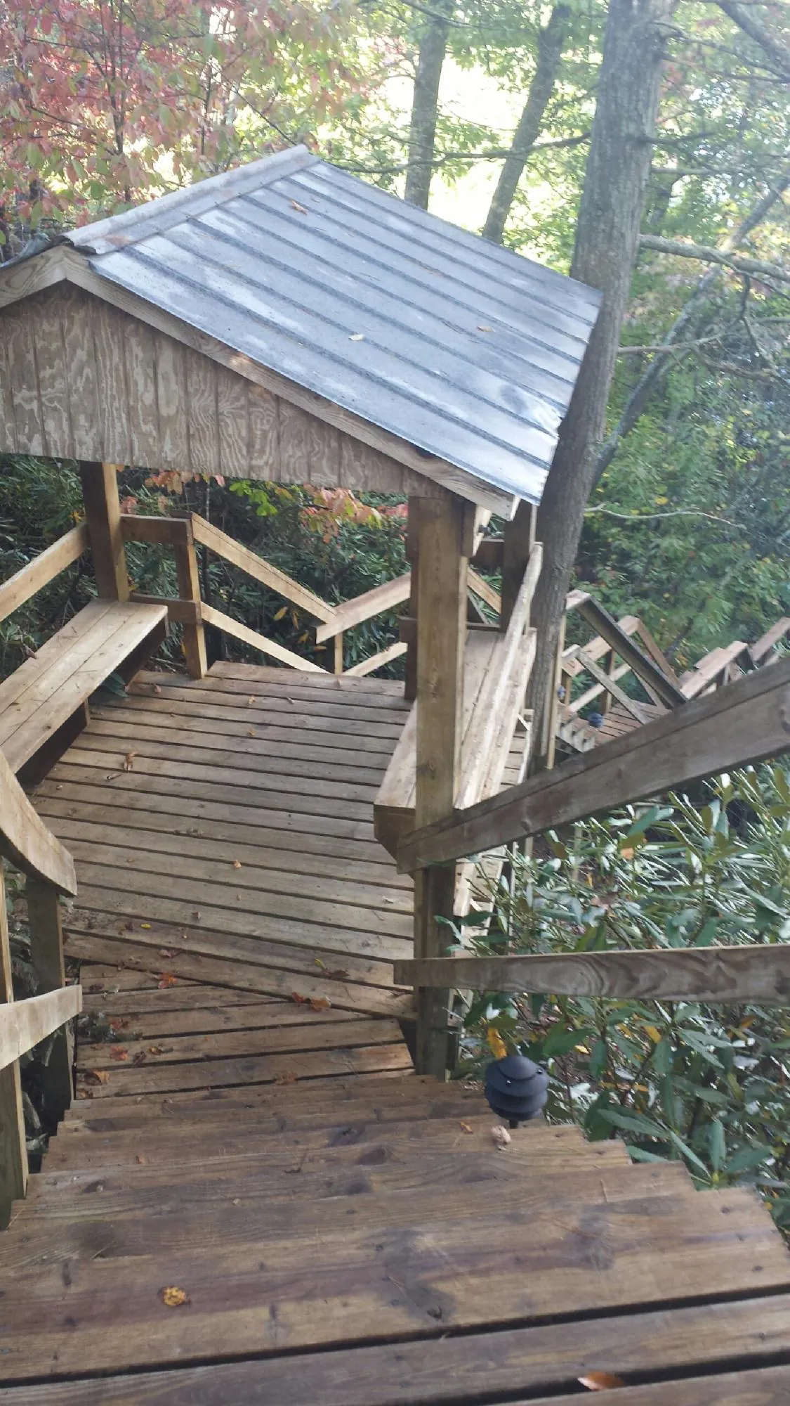 Metal roofed shelter over wooden steps on a wooded walkway — Skylight Repair & Installation work by our crew in Lyle